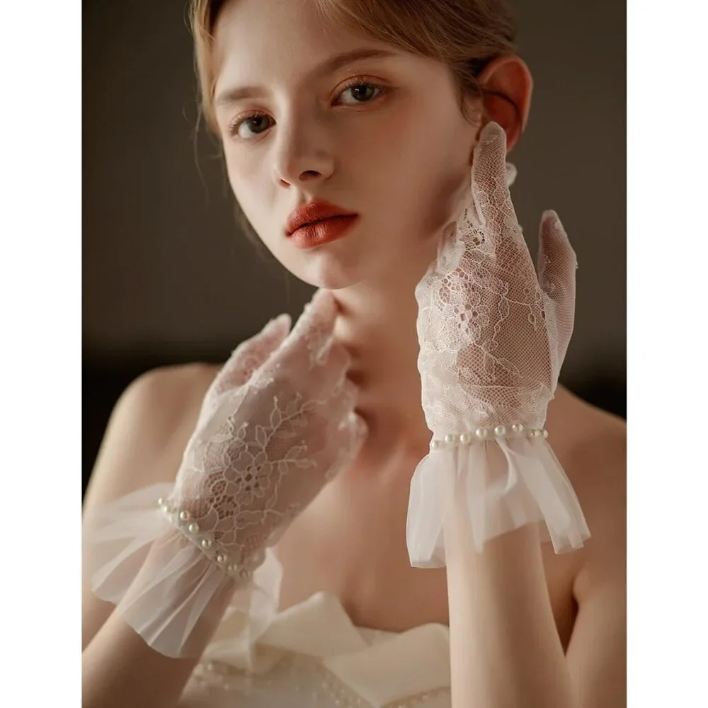 Women's White Short Pearls Lace Border Mesh Gloves Wedding Formal Party Prom